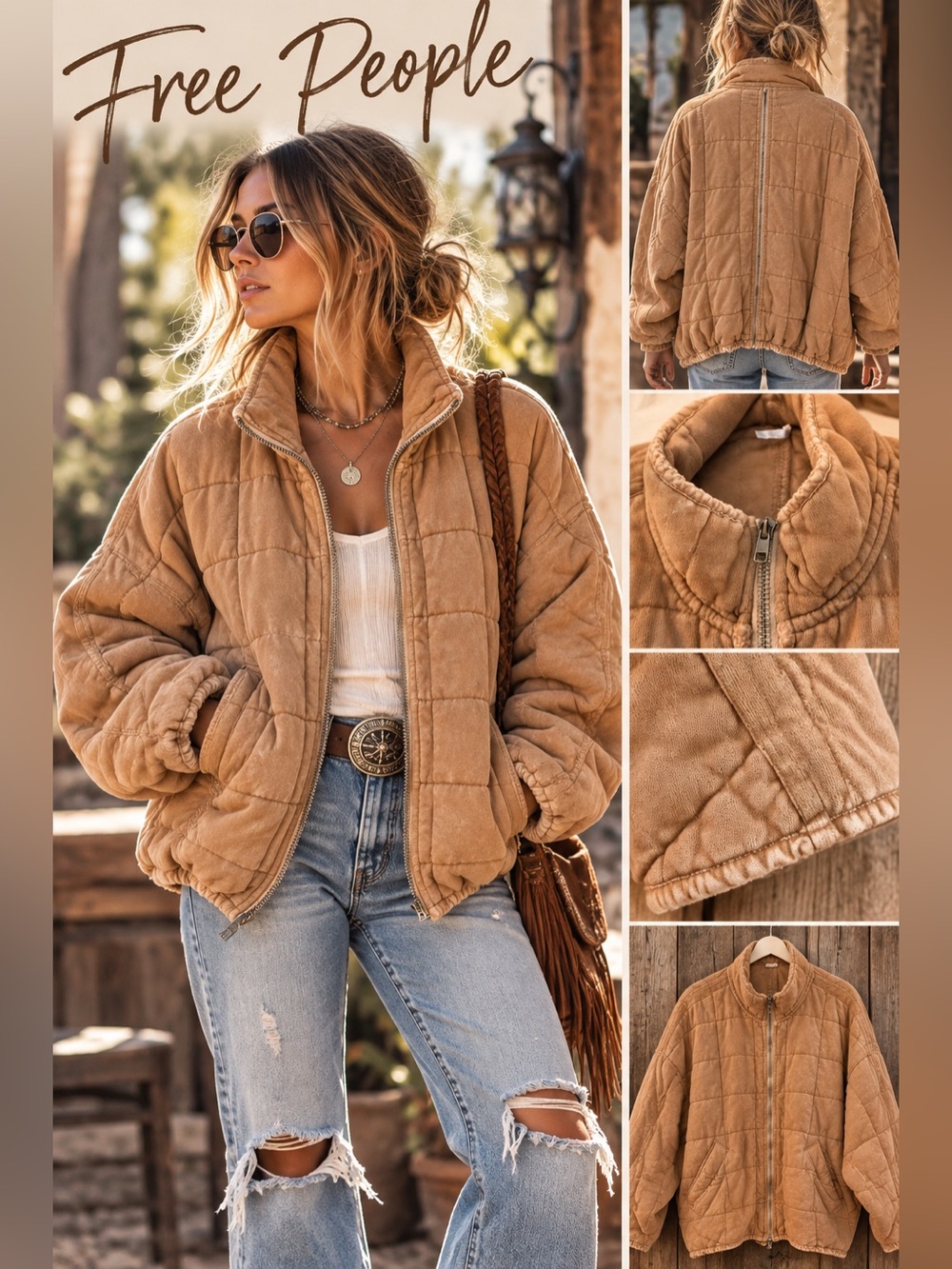 Free People Dolman Quilted Knit Jacket Camel Tan Oversized Boho